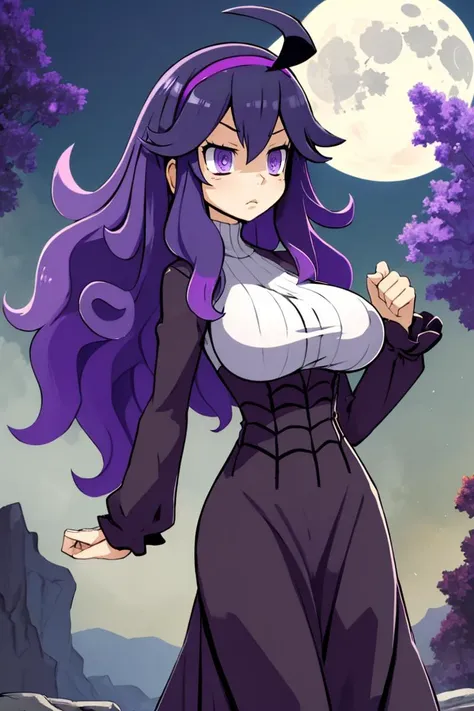 <lora:Harada_Takehito_v2_Repeats5:0.8>,masterpiece, best quality, highres, aahex, hex maniac \(pokemon\), long hair, ahoge, purple hairband, purple eyes, @_@, large breasts, long dress, black dress, long sleeves, <lora:hex_maniac_v1:0.7>, arms behind back, outdoors, full moon,