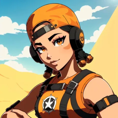 <lora:Valorant Raze:0.7>, <lora:AnimePunk:1>, anime punk, [soft image : low detail:17], lens flare:19, sitting down, beautiful face,  gorgeous woman, BREAK orange cap backwards, (beach background:1.1), black fingerless gloves, BREAK (orange sleeveless crop top:1.1), (wearing a  chestplate:1.2), and black headphones