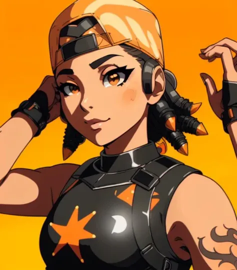 <lora:Valorant Raze:0.7>, <lora:AnimePunk:1>, anime punk, portrait, (subtle smiling:0.4), [soft image : low detail:17], lens flare:19, beautiful face,  gorgeous woman, BREAK orange cap backwards, (beach background:1.1), black fingerless gloves, BREAK (orange sleeveless crop top:1.1), (wearing a  chestplate:1.2), and black headphones