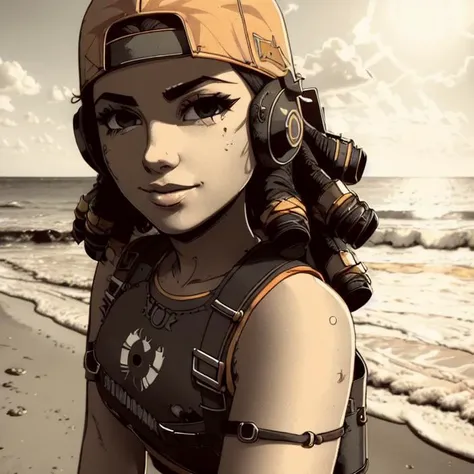 <lora:Valorant Raze:0.7>,  <lora:Comic:1>, portrait, (subtle smiling:0.4), beach background, [soft image : low detail:17], lens flare:19, beautiful face,  gorgeous woman, BREAK orange cap backwards, (beach background:1.1), black fingerless gloves, BREAK (orange sleeveless crop top:1.1), (wearing a  chestplate:1.2), and black headphones