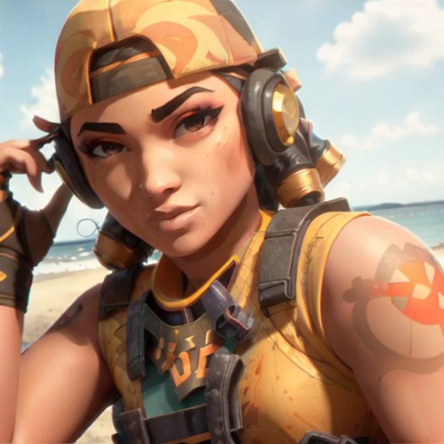 <lora:Valorant Raze:0.9>, beautiful face, gorgeous woman, orange cap backwards, black fingerless gloves, orange sleeveless crop top, (wearing a chestplate:1.2), and black headphones, eyes open, bokeh background, beach background