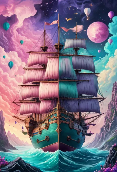 <lora:novuschroma69 style_split_:1> novuschroma69 split dichotomy, best quality, an elaborate ship with whimsical elements, magical fairytale landscape, fantasy style art, pastel pink, purple, teal theme, intricate details, ultra sharp, exquisite detail, flawless composition, vivid colors, masterpiece, exciting background,