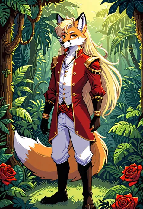 Masterpiece, High quality, beautiful, best quality, 4k, fullbody, score_9, score_7 and above, solo, anthro, regal attire, male, fox, blonde hair, long blonde hair, single rose, shaded, amazing lighting, soft lighting, digital art, jungle background, pixel style, Pronounced ass, Pronounced hips,