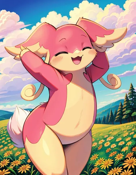 (masterpiece, best quality, highres, ultra detailed:1.2), (solo, no humans, cowboy shot), audino, pokemon (creature), closed eyes, pink fur, tail, smile, open mouth, cute pose, (blue sky, meadow, daisies, detailed background:1.1)