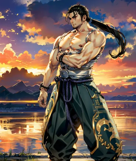 masterpiece, best quality, mitsurugi, 1boy, solo, male focus, ponytail, topless male, sarashi, midriff sarashi, blue hakama, black bead bracelet, sunset, (water world:1.35), salt flats, sky, clouds, sunbeams, highly detailed background <lora:mitsurugiSC6:1>