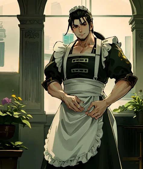 masterpiece, best quality, mitsurugi, 1boy, solo, male focus, muscular male, manly, ponytail, (maid apron:1.3), smile, looking at viewer, cafe, indoors, flowers, window, sun rays, highres <lora:mitsurugiSC6:1>
