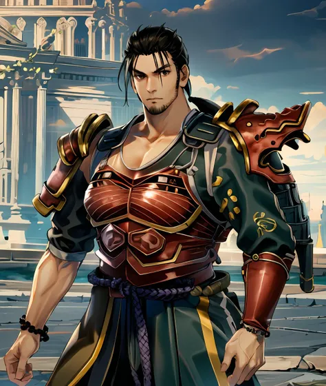 masterpiece, best quality, mitsurugi, 1boy, solo, male focus, ponytail, red armor, blue kimono, blue hakama, black bead bracelet, cowboy shot, looking at viewer, highres <lora:mitsurugiSC6:1>