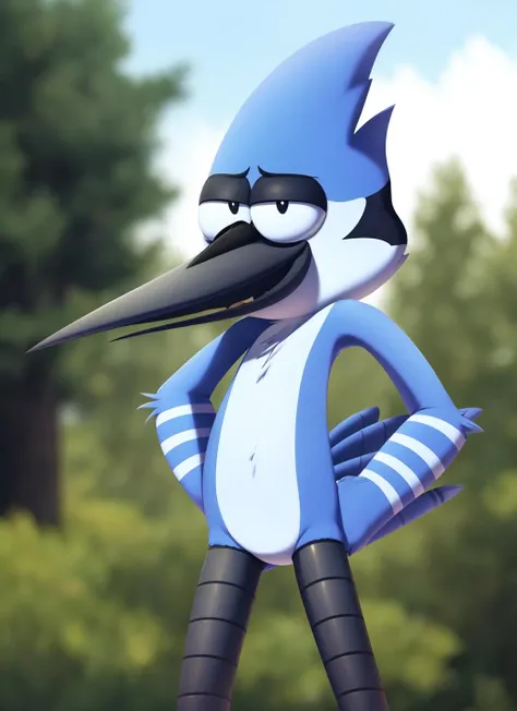 (mordecai:1.1), furry male, solo, bird boy, (best quality), (looking at viewer:0.8), black eyes, beak, smile, blurry outdoors background, (hands on hips:1.1), standing, (bird legs:1.1), closed mouth, full body, tail, fingers, <lora:mordecai-v1A:1.0>