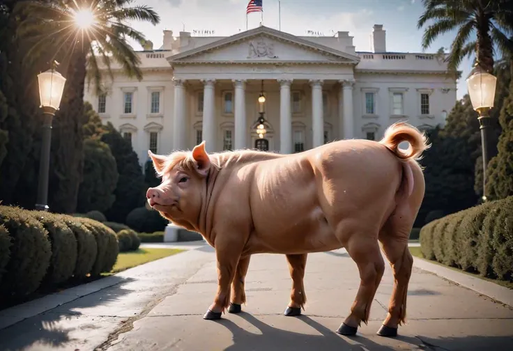 Amandurr style,8k, uhd, hdr, dslr, soft lighting, high quality, film grain, cinematic, dramatic, composition, hyper realistic, insane level of details, <lora:centaurx:1>, fictional character, Trump turned centaur pig, fashion, stylish, male centaur Trump(centaur pig), opposite the White House, SK_CINEMATIC,