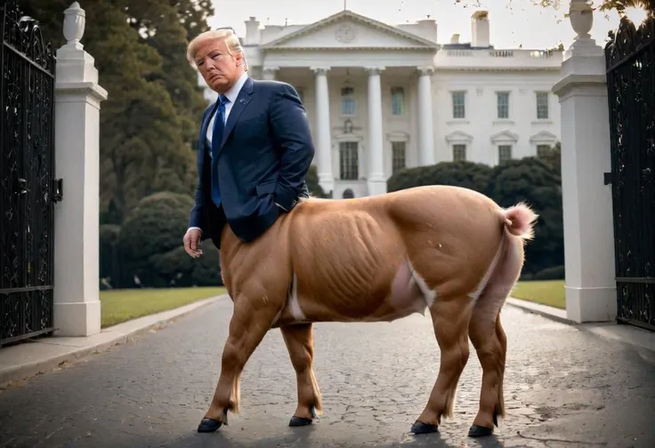 Amandurr style,8k, uhd, hdr, dslr, soft lighting, high quality, film grain, cinematic, dramatic, composition, hyper realistic, insane level of details, <lora:centaurx:1>, fictional character, Trump turned centaur pig, fashion, stylish,  male centaur Trump(centaur pig), opposite the White House, SK_CINEMATIC,