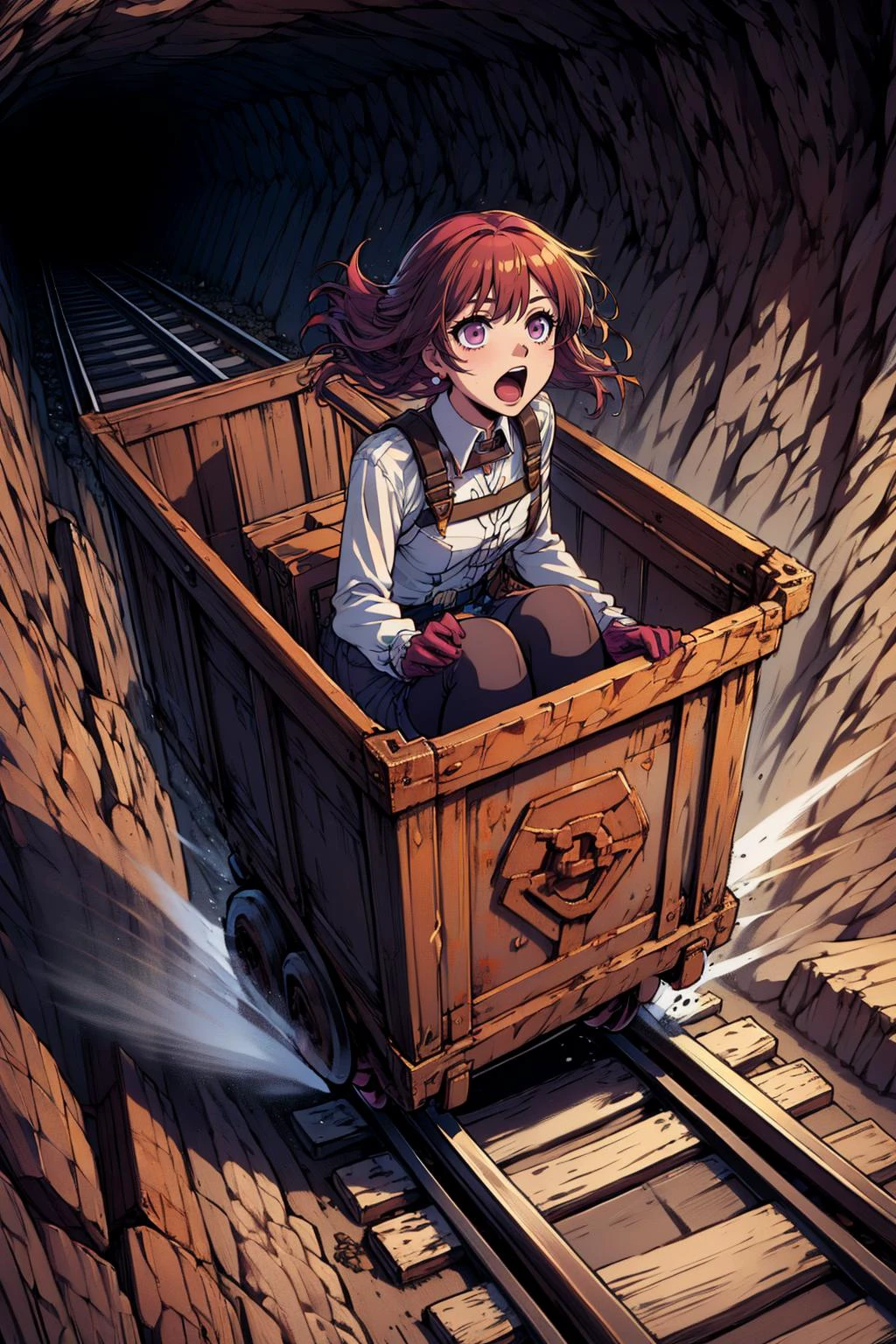 masterpiece, best quality, <lora:sphsrKafker-09:1> kafkerdef, earrings, eyewear on head, sunglasses, white shirt, black jacket, long sleeves, purple gloves, shorts, pantyhose, thigh strap, black footwear <lora:unstopableTrolley:0.8> driving in box-shaped minecar,driving through a narrow dark underground tunnel in a dungeon,rusty,iron,box-shaped minecar,in box,railroad tracks,speed lines,dark background,floating hair,wind,, flying on minecar,falling towards the bottom of a cliff in high position,cliff,rusty,iron,(((box-shaped minecar,in box))),railroad tracks,speed lines, shocked, open mouth