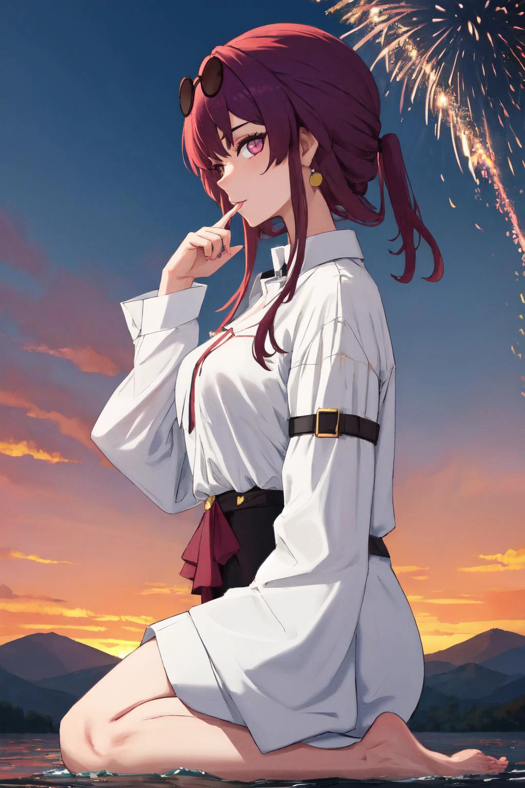 masterpiece, (detailed, highres, best quality), 1girl, <lora:sphsrKafker:1> kafkerdef, earrings, eyewear on head, sunglasses, animal print, barefoot, buckle, cable, collar, oversized clothes, oversized shirt, red collar, shirt, sleeves past wrists, yellow shirt, blue sky, fireworks, mountain, outdoors, sky, sunset, water, finger to mouth, looking at viewer, profile, solo