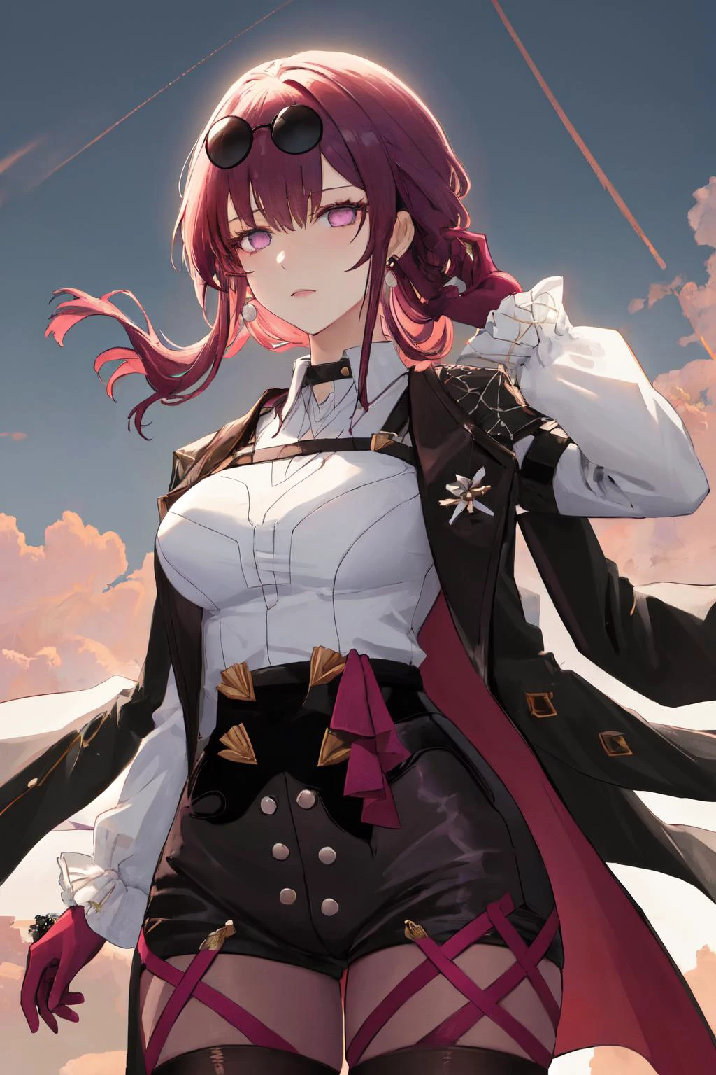 masterpiece, (detailed, highres, best quality), 1girl, upper body, <lora:sphsrKafker:1> kafkerdef, earrings, eyewear on head, sunglasses, white shirt, black jacket, long sleeves, purple gloves, shorts, pantyhose, thigh strap