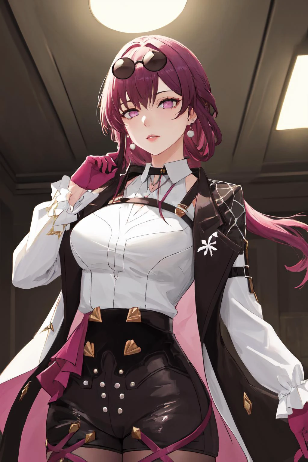 masterpiece, (detailed, highres, best quality), 1girl, <lora:sphsrKafker:1> kafkerdef, earrings, eyewear on head, sunglasses, white shirt, black jacket, long sleeves, purple gloves, shorts, pantyhose, upper body