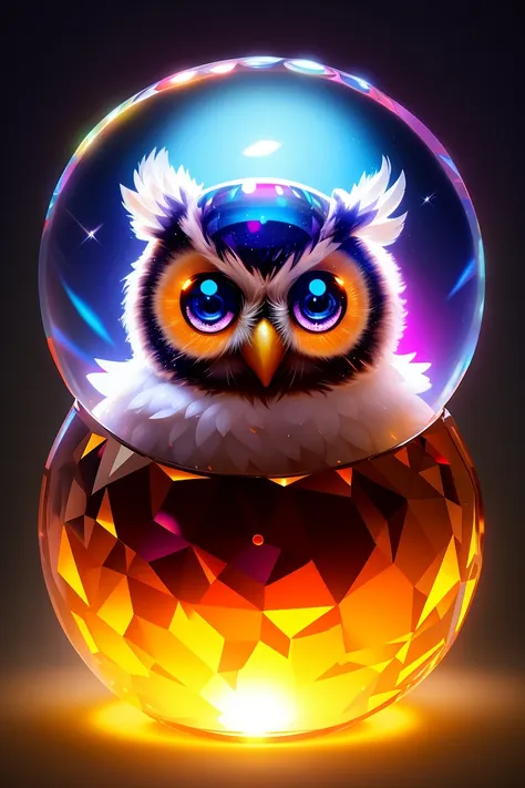 A cute adorable baby owl made of crystal ball with low poly eye's surrounded by glowing aura, flamming sparkles highly detailed intricated concept art trending artstation 8k