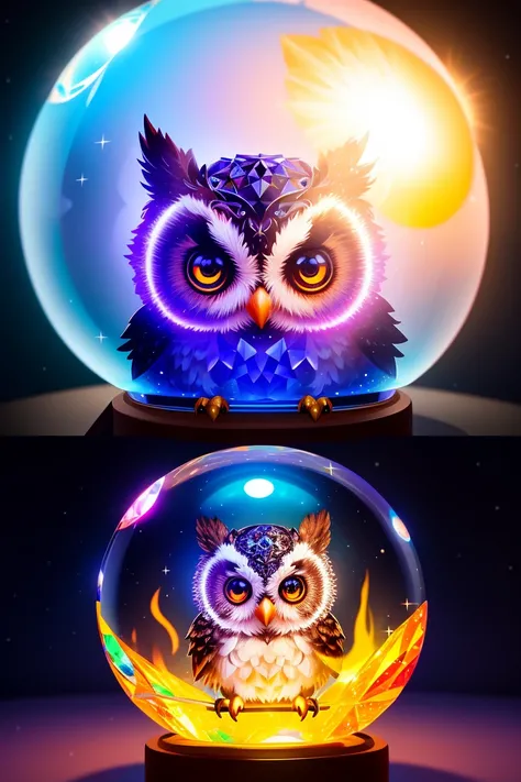 A cute adorable baby owl made of crystal ball with low poly eye's surrounded by glowing aura, flamming sparkles highly detailed intricated concept art trending artstation 8k