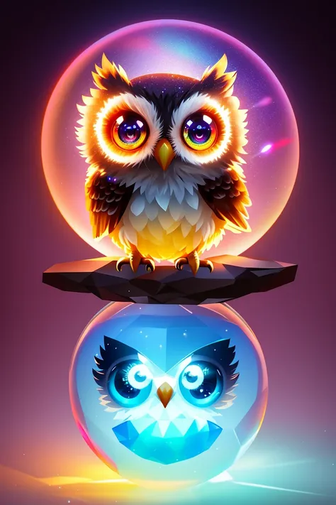 A cute adorable baby owl made of crystal ball with low poly eye's surrounded by glowing aura, flamming sparkles highly detailed intricated concept art trending artstation 8k