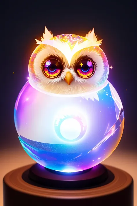 A cute adorable baby owl made of crystal ball with low poly eye's surrounded by glowing aura, flamming sparkles highly detailed intricated concept art trending artstation 8k