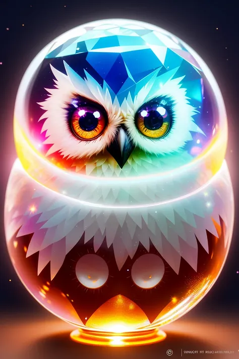 A cute adorable  owl made of crystal ball with low poly eye's surrounded by glowing aura, flamming sparkles highly detailed intricated concept art trending artstation 8k