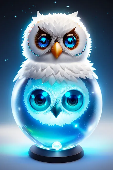 A cute adorable baby owl made of crystal ball with low poly eye's surrounded by glowing aura, flamming sparkles highly detailed intricated concept art trending artstation 8k