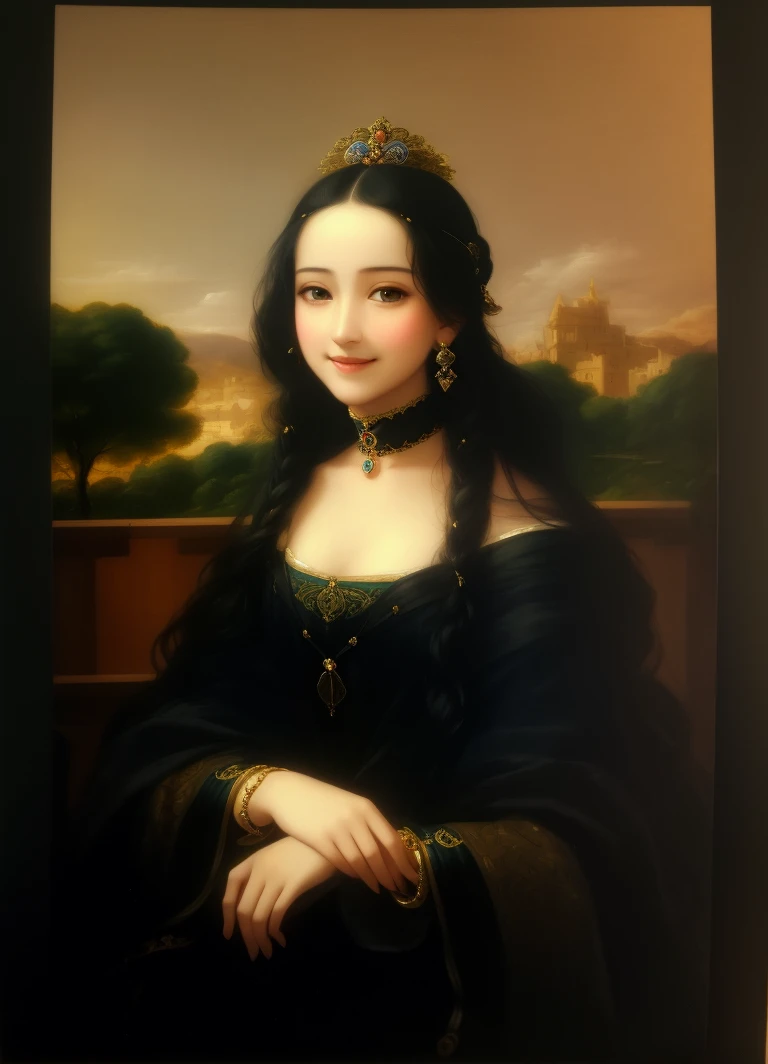 masterpiece,best quality,(8k, RAW photo:1.2),(full body portrait),upper body,aristocratic style,Royal style,(1girl),(solo),, gorgeous_light_and_shadow, stunning environment, (vibrant colors:1.2),soft focus, (sharp focus:1.1),(delicate illustration:1.4),, black hair, intricate hair ornament,stud earrings,ponytail plait, bracelets,(choker:1,3),jewelry,hair decoration,, ung girl, (18yo:1.3), (sharp focus:1.4), renaissance face ,photo of a woman,, messy hair,long hair, black hair, exquisite hair, exquisite colored hair,, ultra realistic,hick lips, beautiful lips,, exquisite facial features,perfect skin, corneo_makima, prt flower_style Style-NebMagic, semi-realistic, ((painting style of monalisa:0.1)), ((smile, look at viewer))