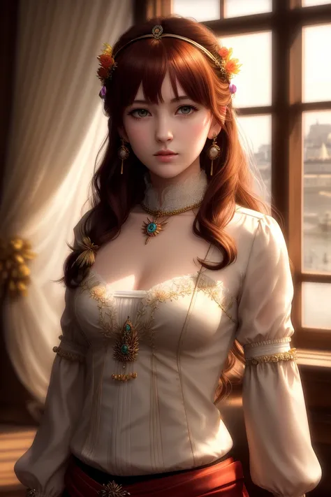 masterpiece,best quality,(8k, RAW photo:1.2),(( ultra realistic)),(full body portrait),upper body,aristocratic style,Royal style,(1girl),(solo),, gorgeous_light_and_shadow, stunning environment, (vibrant colors:1.2),soft focus, (sharp focus:1.1),(delicate illustration:1.4),, black hair, intricate hair ornament,stud earrings,ponytail plait, bracelets,(choker:1,3),jewelry,hair decoration,, 1 young girl, (18yo:1.3), (sharp focus:1.4), (Japanese:1.0),(chinese:0.5),(renaissance face),photo of a woman,, messy hair,long hair, black hair, exquisite hair, exquisite colored hair,, ultra realistic,hick lips, beautiful lips,, exquisite facial features,perfect skin, corneo_makima, prt flower_style Style-NebMagic