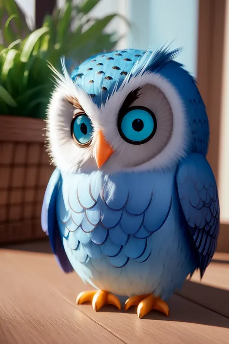 Cute small blue owl waving hello unreal engine, cozy indoor lighting, artstation, detailed, digital painting, cinematic, character design by mark ryden and pixar, octane render