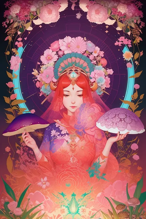 paper craft style mushrooms and flowers ernst haeckel maria sibylla merian. tristan eaton, victo ngai, artgerm, rhads, ross draws, Kaethe Butcher, Hajime Sorayama, Greg Tocchini, Virgil Finlay, sci-fi, colors, neon lights. digital painting, pixiv, by Ilya Kuvshinov