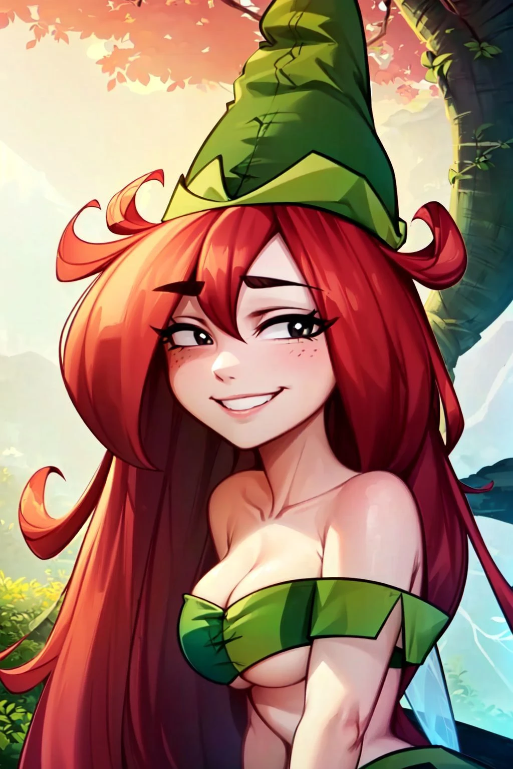 (masterpiece), (highly detailed), (1girl, Fairy Wings, Betilla, Red hair, very long hair, black eyes, smiling, green hat, bare shoulders, green cropped shirt, looking at viewer,) (fantasy night glowing,) (portrait,) <lora:betilla:0.5> <lora:Betilla:0.5>
