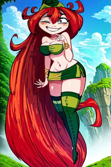 (masterpiece), (highly detailed),  (Betilla, 1girl, red hair, long hair, green cropped shirt, smiling, green hat, eyes closed,)  (glowing  cave fantasy,) (portrait,) <lora:Betilla:0.9>,