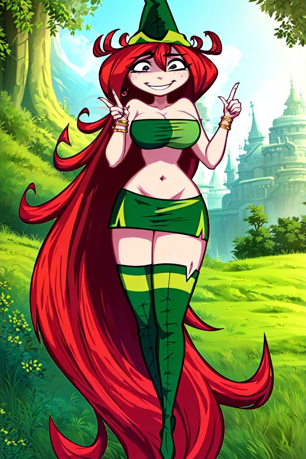 (masterpiece), (highly detailed), (Betilla, 1girl, red hair, long hair, green cropped shirt, smiling, pointing finger,) (glowing fantasy forest,) (portrait,) <lora:Betilla:0.8>,