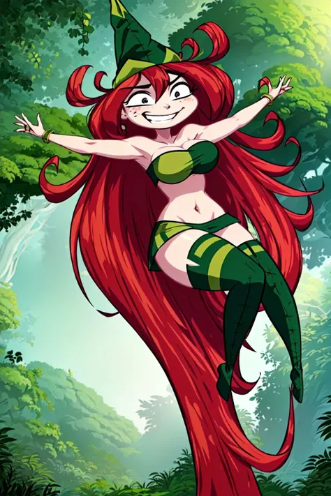 (masterpiece), (highly detailed),  (Betilla, 1girl, red hair, long hair, green cropped shirt, smiling, lifted arms,)  (glowing night fantasy forest,) (portrait,) <lora:Betilla:0.8>,
