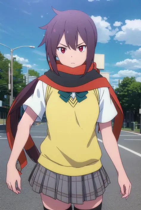 himeyarizakura, <lora:hime yarizakura hnu-lora-nochekaiser:1>,
hime yarizakura, long hair, brown hair, (red eyes:1.3), ponytail,
BREAK skirt, thighhighs, school uniform, pleated skirt, boots, scarf, zettai ryouiki, sweater vest,
BREAK outdoors, city, sun, clouds,
BREAK looking at viewer, (cowboy shot:1.5),
BREAK <lyco:GoodHands-beta2:1>, (masterpiece:1.2), best quality, high resolution, unity 8k wallpaper, (illustration:0.8), (beautiful detailed eyes:1.6), extremely detailed face, perfect lighting, extremely detailed CG, (perfect hands, perfect anatomy),