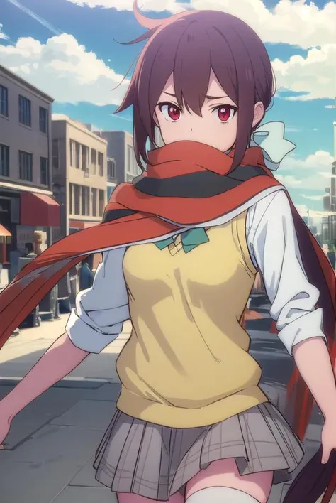 himeyarizakura, <lora:hime yarizakura hnu-lora-nochekaiser:1>,
hime yarizakura, long hair, brown hair, (red eyes:1.3), ponytail,
BREAK skirt, thighhighs, school uniform, pleated skirt, boots, scarf, zettai ryouiki, sweater vest,
BREAK outdoors, city, sun, clouds,
BREAK looking at viewer, (cowboy shot:1.5),
BREAK <lyco:GoodHands-beta2:1>, (masterpiece:1.2), best quality, high resolution, unity 8k wallpaper, (illustration:0.8), (beautiful detailed eyes:1.6), extremely detailed face, perfect lighting, extremely detailed CG, (perfect hands, perfect anatomy),