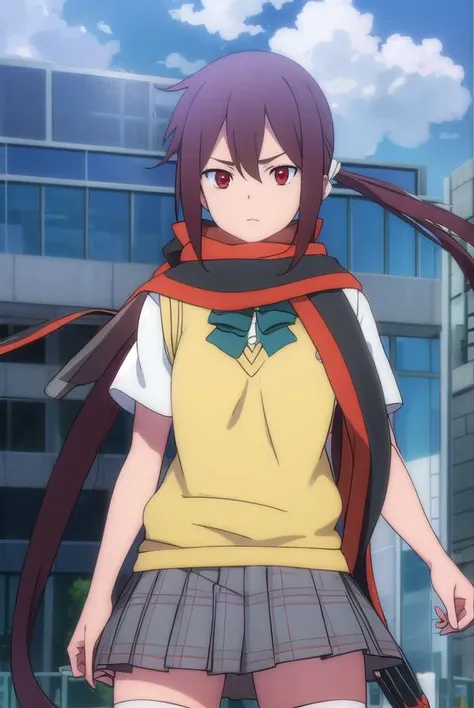 himeyarizakura, <lora:hime yarizakura hnu-lora-nochekaiser:1>,
hime yarizakura, long hair, brown hair, (red eyes:1.3), ponytail,
BREAK skirt, thighhighs, school uniform, pleated skirt, boots, scarf, zettai ryouiki, sweater vest,
BREAK outdoors, city, sun, clouds,
BREAK looking at viewer, (cowboy shot:1.5),
BREAK <lyco:GoodHands-beta2:1>, (masterpiece:1.2), best quality, high resolution, unity 8k wallpaper, (illustration:0.8), (beautiful detailed eyes:1.6), extremely detailed face, perfect lighting, extremely detailed CG, (perfect hands, perfect anatomy),