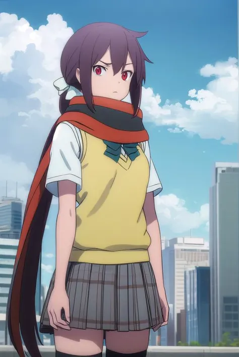 himeyarizakura, <lora:hime yarizakura hnu-lora-nochekaiser:1>,
hime yarizakura, long hair, brown hair, (red eyes:1.3), ponytail,
BREAK skirt, thighhighs, school uniform, pleated skirt, boots, scarf, zettai ryouiki, sweater vest,
BREAK outdoors, city, sun, clouds,
BREAK looking at viewer, (cowboy shot:1.5),
BREAK <lyco:GoodHands-beta2:1>, (masterpiece:1.2), best quality, high resolution, unity 8k wallpaper, (illustration:0.8), (beautiful detailed eyes:1.6), extremely detailed face, perfect lighting, extremely detailed CG, (perfect hands, perfect anatomy),