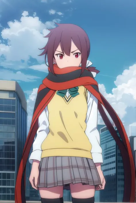 himeyarizakura, <lora:hime yarizakura hnu-lora-nochekaiser:1>,
hime yarizakura, long hair, brown hair, (red eyes:1.3), ponytail,
BREAK skirt, thighhighs, school uniform, pleated skirt, boots, scarf, zettai ryouiki, sweater vest,
BREAK outdoors, city, sun, clouds,
BREAK looking at viewer, (cowboy shot:1.5),
BREAK <lyco:GoodHands-beta2:1>, (masterpiece:1.2), best quality, high resolution, unity 8k wallpaper, (illustration:0.8), (beautiful detailed eyes:1.6), extremely detailed face, perfect lighting, extremely detailed CG, (perfect hands, perfect anatomy),