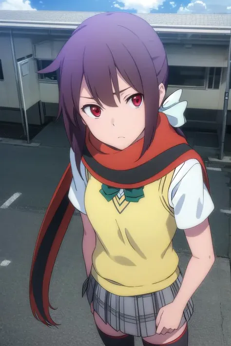 himeyarizakura, <lora:hime yarizakura hnu-lora-nochekaiser:1>,
hime yarizakura, long hair, brown hair, (red eyes:1.3), ponytail,
BREAK skirt, thighhighs, school uniform, pleated skirt, boots, scarf, zettai ryouiki, sweater vest,
BREAK outdoors, city, sun, clouds,
BREAK looking at viewer, (cowboy shot:1.5),
BREAK <lyco:GoodHands-beta2:1>, (masterpiece:1.2), best quality, high resolution, unity 8k wallpaper, (illustration:0.8), (beautiful detailed eyes:1.6), extremely detailed face, perfect lighting, extremely detailed CG, (perfect hands, perfect anatomy),