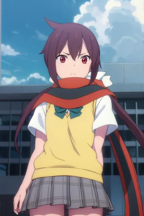 himeyarizakura, <lora:hime yarizakura hnu-lora-nochekaiser:1>,
hime yarizakura, long hair, brown hair, (red eyes:1.3), ponytail,
BREAK skirt, thighhighs, school uniform, pleated skirt, boots, scarf, zettai ryouiki, sweater vest,
BREAK outdoors, city, sun, clouds,
BREAK looking at viewer, (cowboy shot:1.5),
BREAK <lyco:GoodHands-beta2:1>, (masterpiece:1.2), best quality, high resolution, unity 8k wallpaper, (illustration:0.8), (beautiful detailed eyes:1.6), extremely detailed face, perfect lighting, extremely detailed CG, (perfect hands, perfect anatomy),