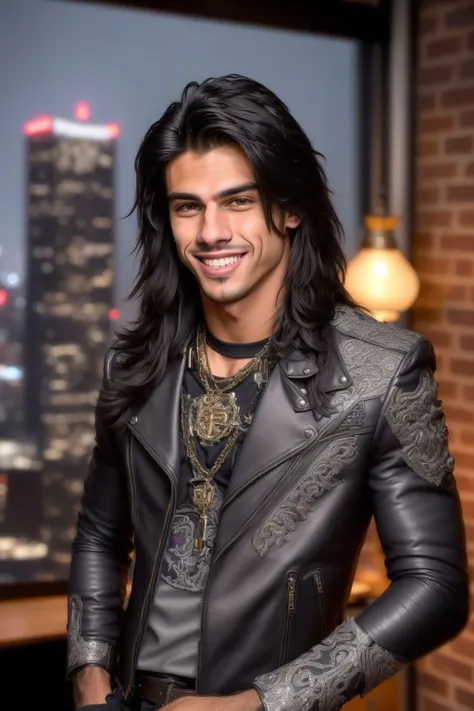 <lora:RNR-Marcus:0.7> RNR-Marcus, closeup photo of a 18yo boy,wearing rocker outfit,very long flowing black hair,in a luxury loft, perfect gray iris,smiling,looking at camera,extremely detailed,intricate,film grain,HDR, 4k,hyper realistic,cinematic lighting,photography