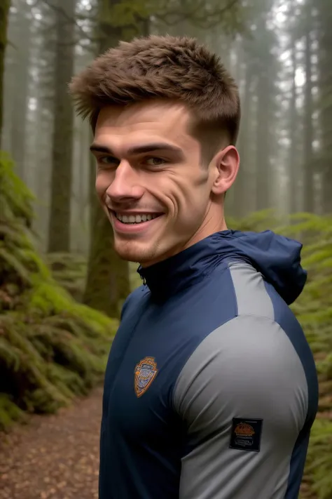 <lora:RNR-Marcus:0.7> RNR-Marcus, mid-body photo of a 18yo boy,wearing sportswear,long flowing auburn hair,in a dark gloomy forest, perfect gray iris,laughing,looking at camera,extremely detailed,intricate,film grain,HDR, 4k,hyper realistic,cinematic lighting,photography