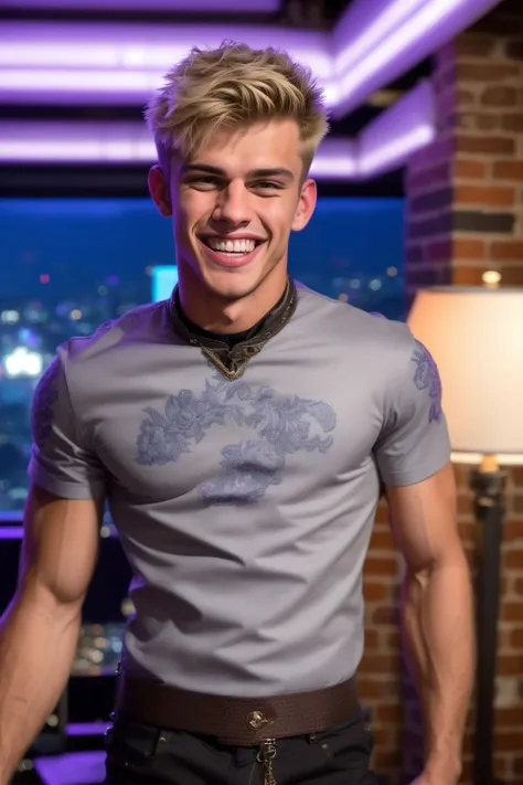 <lora:RNR-Marcus:0.7> RNR-Marcus, mid-body photo of a 18yo boy,wearing rocker outfit,short blond hair,in a luxury loft, perfect gray iris,laughing,looking at camera,extremely detailed,intricate,film grain,HDR, 4k,hyper realistic,cinematic lighting,photography