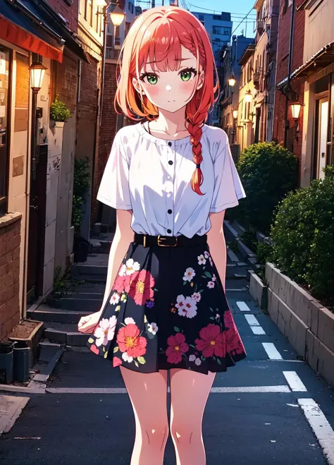 aika, 1girl, solo, long hair:1.5, looking at viewer, blush, bangs, closed mouth, green eyes, braid, orange hair, <lora:aika+15+v1-000006:0.9>, <lora:GoodHands-beta2:1>, shy, tsundere, jewelry, collarbone, off-shoulder shirt, white shirt, puffy short sleeves, belt, skirt, floral print, bare legs, city, absurdres, 8k, beatifull lamppost,  beatifull lights, arms behind back,