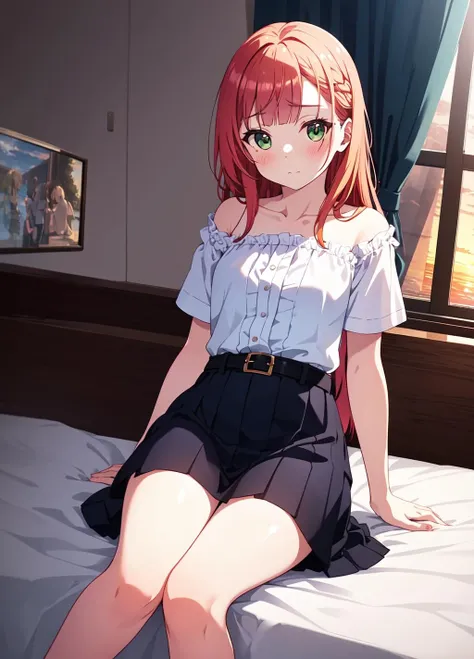 aika, 1girl, solo, long hair:1.5, looking at viewer, blush, bangs, closed mouth, green eyes, orange hair, <lora:aika+15+v1-000006:0.9>, <lora:GoodHands-beta2:1>, shy, tsundere, jewelry, collarbone, off-shoulder shirt, white shirt, puffy short sleeves, belt, skirt, floral print, bare legs, masterpiece,best quality,ultra-detailed,very detailed illustrations,extremely detailed,intricate details,highres,super complex details,extremely detailed 8k cg wallpaper, caustics,reflection,ray tracing, blush, background, illustration, bare legs, liying on bed, on back, bed, lift skirt, window, sunset