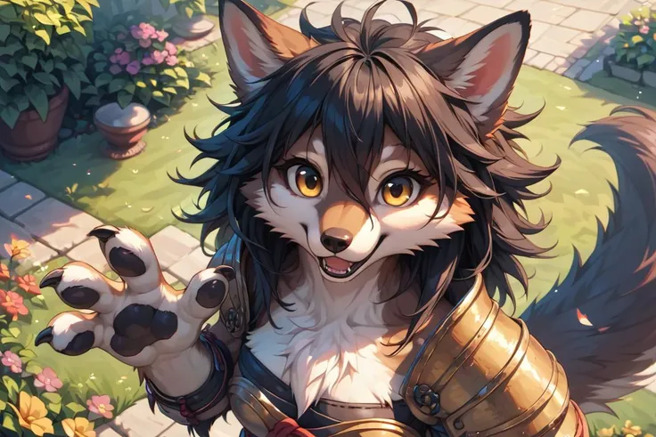 score_9, score_8_up, score_8, score_9, medium angle view, detailed face,garden, outside, happy, furry female, samurai armor, black hair, messy hair, hair between eyes, white (chest tuft:1.1), long wolf tail, animal hands, open mouth, looking at viewer, body fur, golden eyes, source_furry,