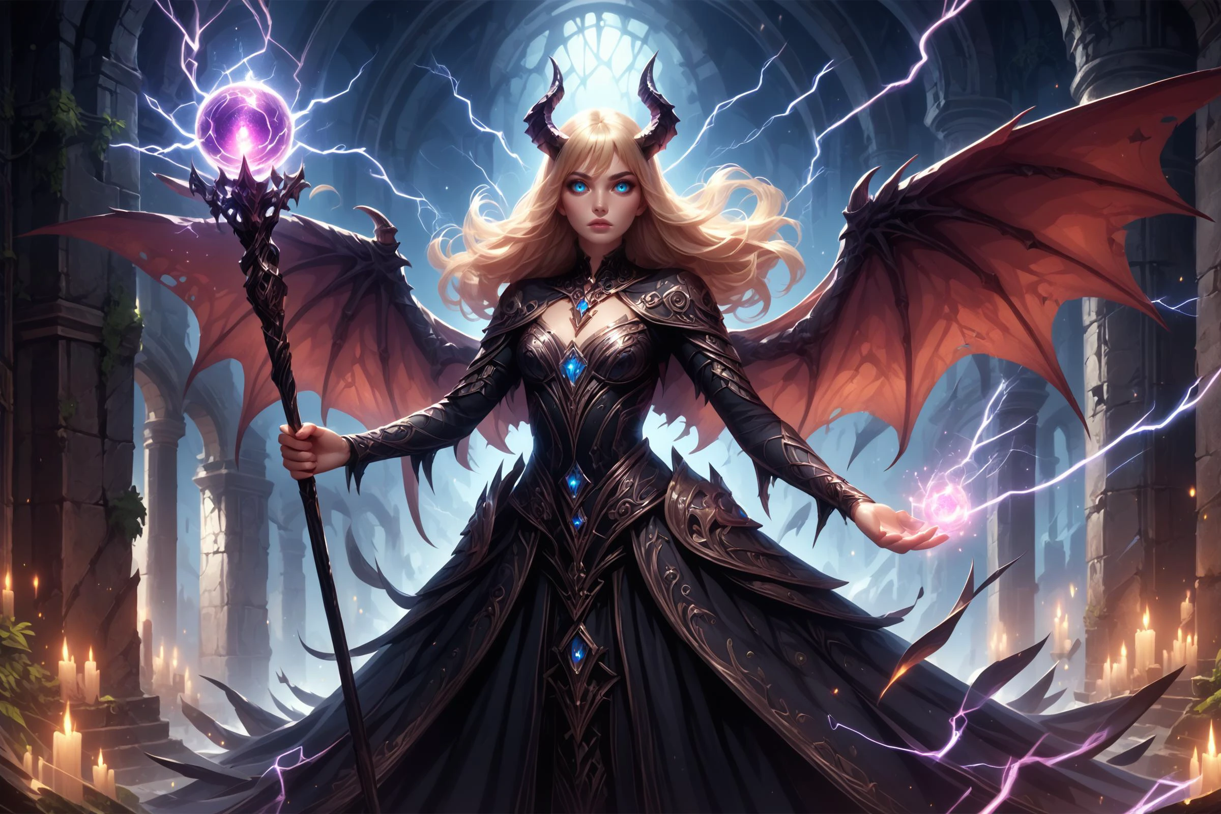 score_9, score_8_up, score_7_up, solo, (1girl:1.4), woman, wearing armored dress, blonde, demongirl, horns, wings, looking at viewer, colorful, holding orbstaff, lightning bolt, magic, glowing magic, fierce wind, blue eyes, outdoors, dungeon ruins, night, moonlight, realistic, floaty hair
<lora:Pony_Weapon_Orb_Staff_-_By_HailoKnight:0.8>