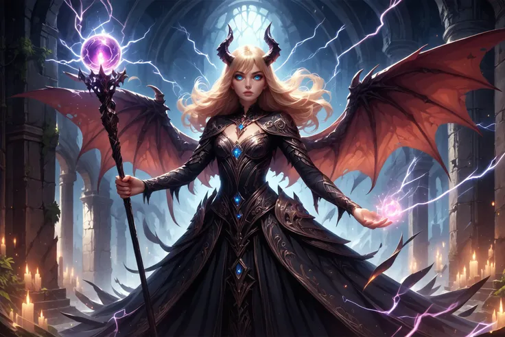 score_9, score_8_up, score_7_up, solo, (1girl:1.4), woman, wearing armored dress, blonde, demongirl, horns, wings, looking at viewer, colorful, holding orbstaff, lightning bolt, magic, glowing magic, fierce wind, blue eyes, outdoors, dungeon ruins,  night, moonlight, realistic, floaty hair
<lora:Pony_Weapon_Orb_Staff_-_By_HailoKnight:0.8>