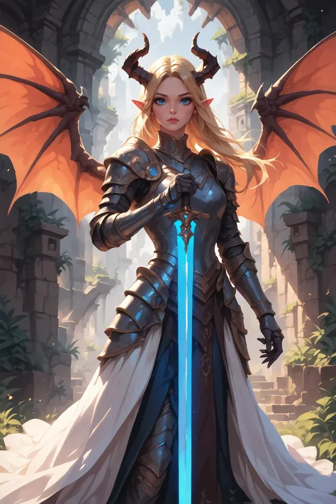 score_9, score_8_up, score_7_up, solo, (1girl:1.4), woman, wearing armored dress, blonde, dragongirl, horns, wings, looking at viewer, beautiful, colorful, (holding glowing sword), blue eyes, dungeon ruins in background, realistic,
<lora:V2_Pony_Fantasy_Knights_-_By_HailoKnight:0.6> hkstyle