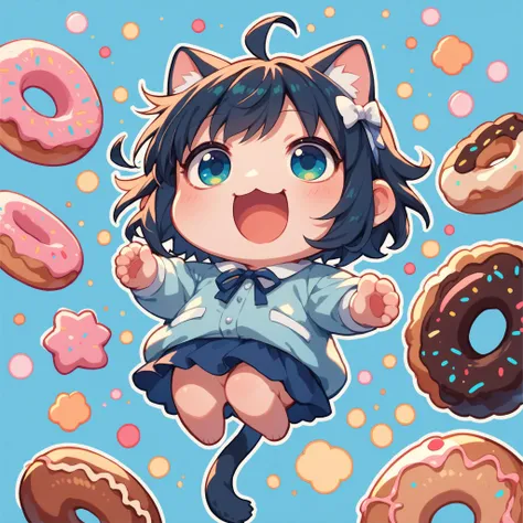 score_9, score_8_up, score_8, score_9, blue background, polka dot background, (chibi:1.2), 1girl, (solo), full body, (jitome:1.2), jumping, big mouth, open mouth, happy, doma umaru, cat ears, flying donuts