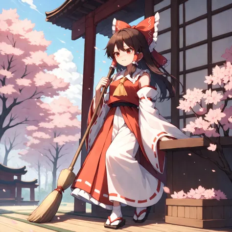 score_9, score_8_up, score_8, score_9, 1girl, hakurei reimu, gensokyo, touhou, nontraditional miko, shrine, broom, swiping ground with broom, blooming cherry blossoms, gentle breeze,